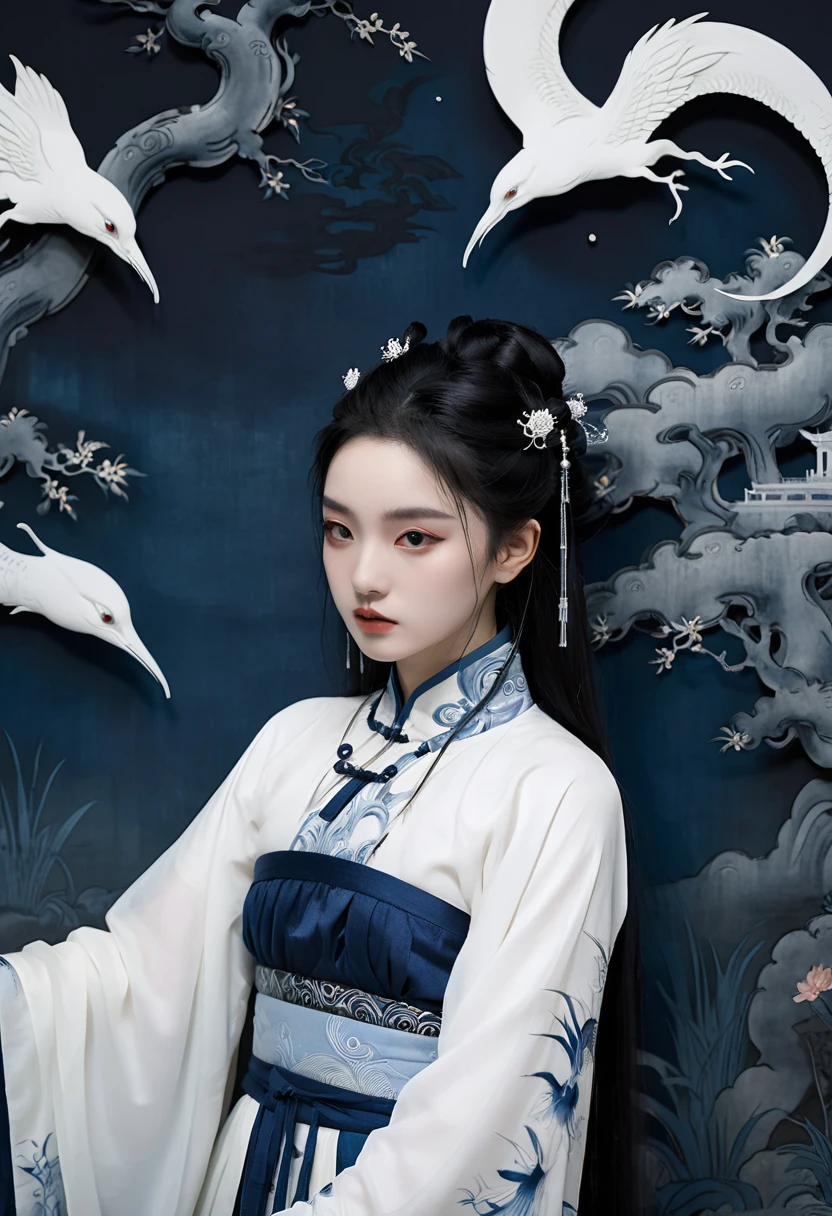 Light white and dark indigo, A mysterious girl from ancient China with hanfu, with a dark aesthetic that is poignant, eerie, and bizarre, in the style of dark surrealist imagery, Conceptual scene, Chinese interior scene, ethereal fantasy, otherworldly atmosphere, Walter Crane