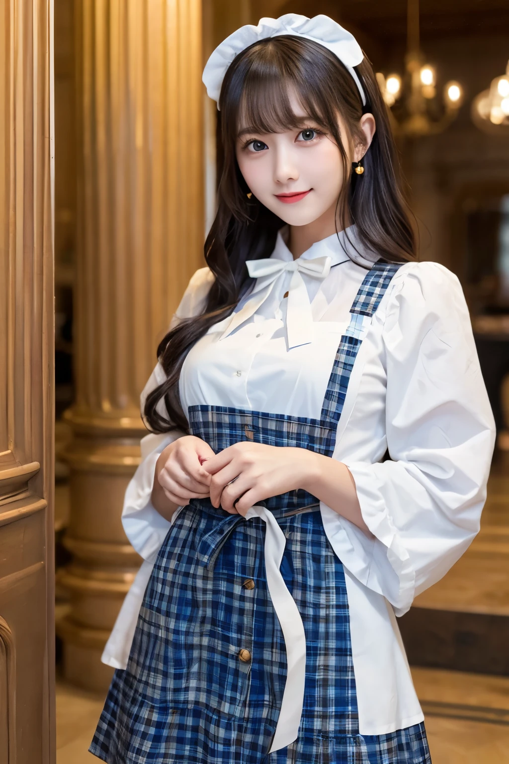 Detailed image of a young female character standing in a grand hall lined with marble columns。She has short, wavy blue hair、Has side fringe、Adorned with a white frilly headband and blue ribbon。Big blue eyes are kind、He has a slightly sad expression、There is a slight redness on the cheeks。She is wearing a classic maid outfit.、In a black puff sleeve dress、White apron with lace trim、And a blue ribbon on the neckline.。The apron has gold teardrop decorations.、It is secured by a thin gold chain。She is holding the skirt of her dress with one hand、It is lifted a little、Her other hand is delicately placed to touch the ribbon on her chest.。In the background there is a blurred white decorative building.、The soft, indirect lighting creates a calm and elegant atmosphere.。smile、Large Breasts、Red plaid apron、Colorful hair colors、Cute pose、red、