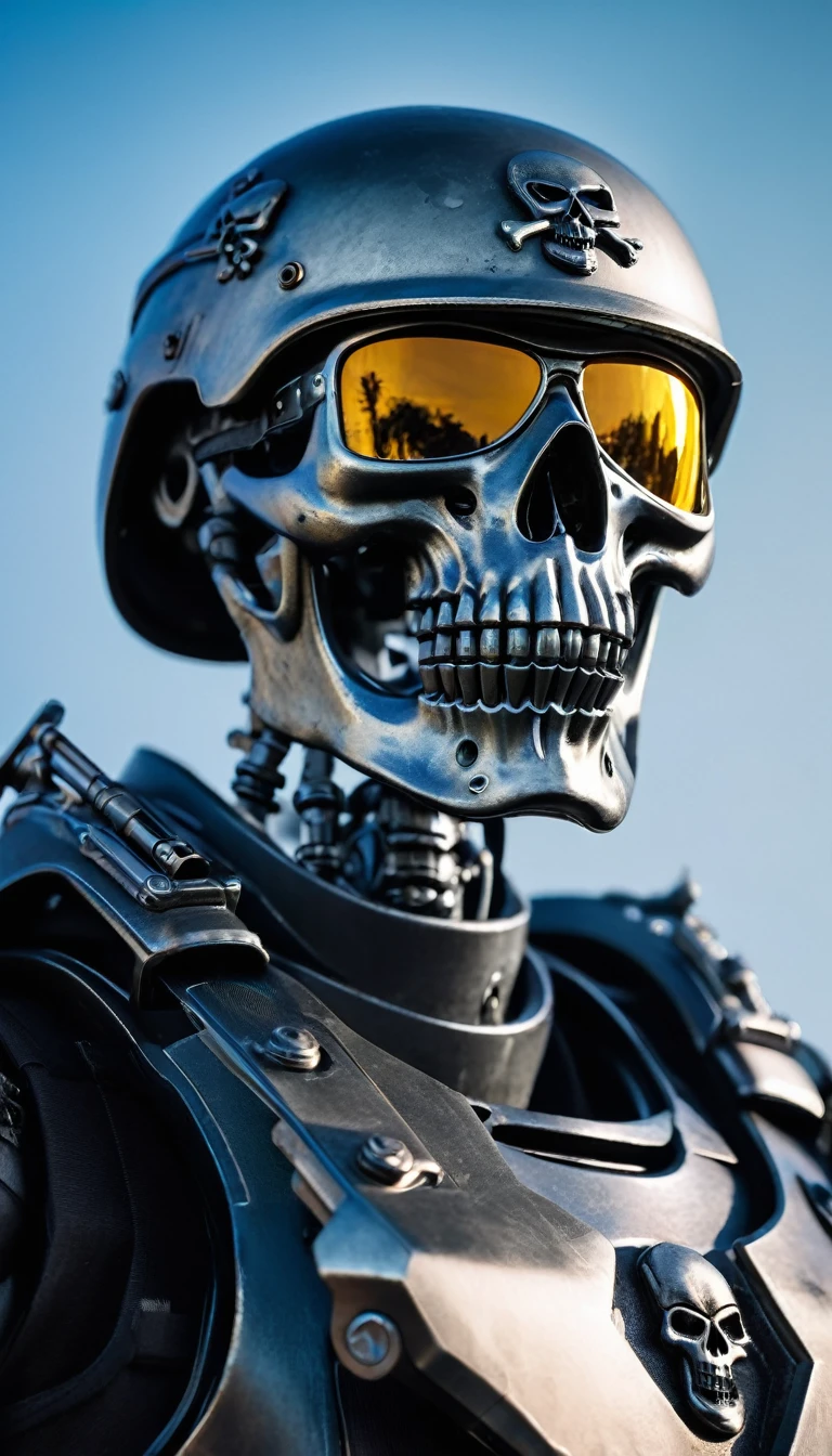 Close-up of soldier in military uniform with military helmet and skull cap; context of destructive war; Terminator skeleton; skull mask; menacing, fantastical style; iron armor with skeleton decoration; cinematic colors.
Photo taken with Canon EOS R5 85mm f/11 Camera, ((sharp)) mode of people and surrounding scenery. Image quality ((8K)), ((lifelike)), ((masterpiece)), ((sharp and highest contrast)), ((great depth of field)), ((light stereolithography)).