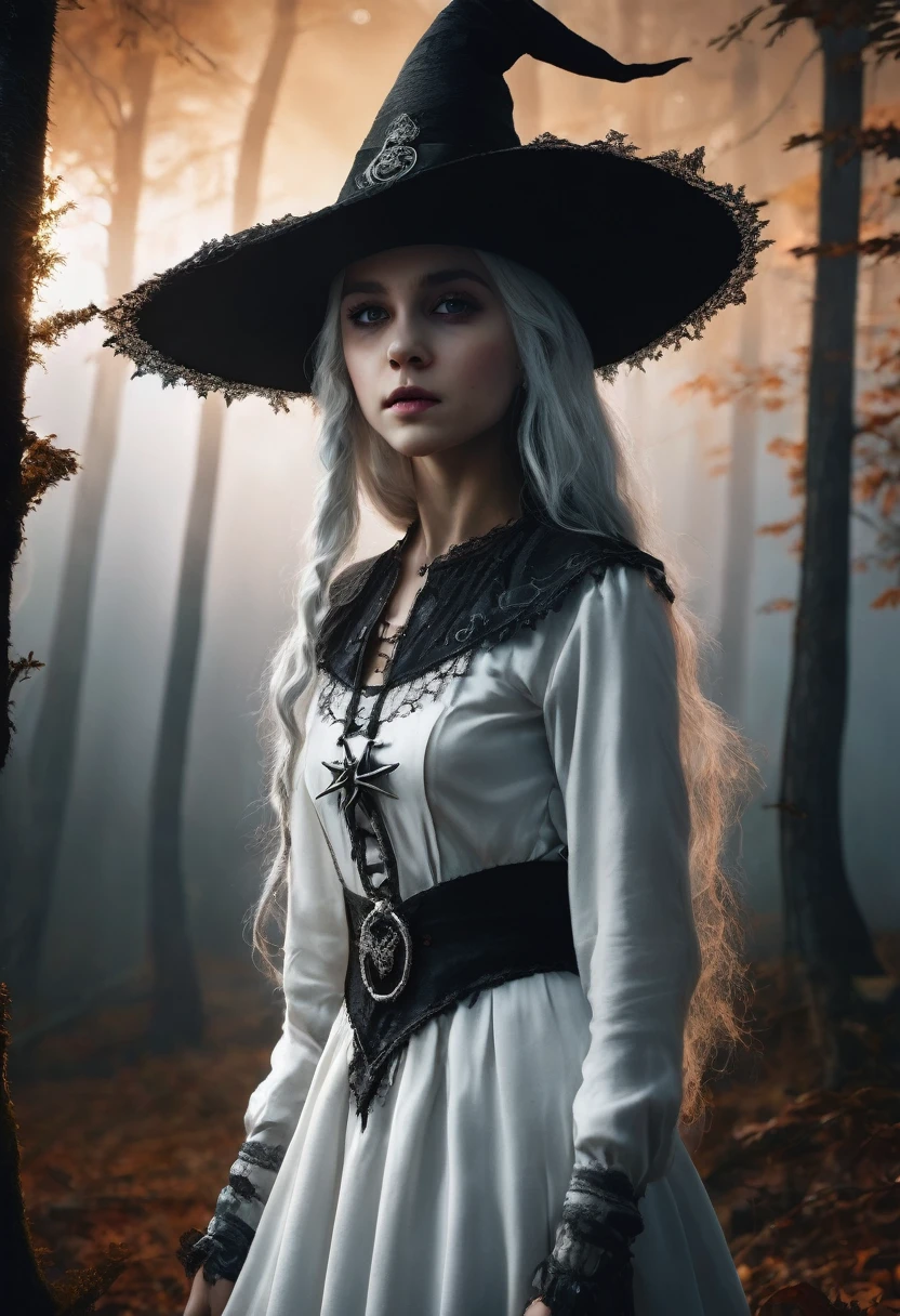 a beautiful girl, , caucasian, grey eyes, white hair, witch, white clothing with bone details, sharp bones around, dark forest background, (best quality,4k,8k,highres,masterpiece:1.2),ultra-detailed,(realistic,photorealistic,photo-realistic:1.37),intricate details,chiaroscuro lighting,moody atmosphere,dramatic lighting,dark fantasy,gothic,occult