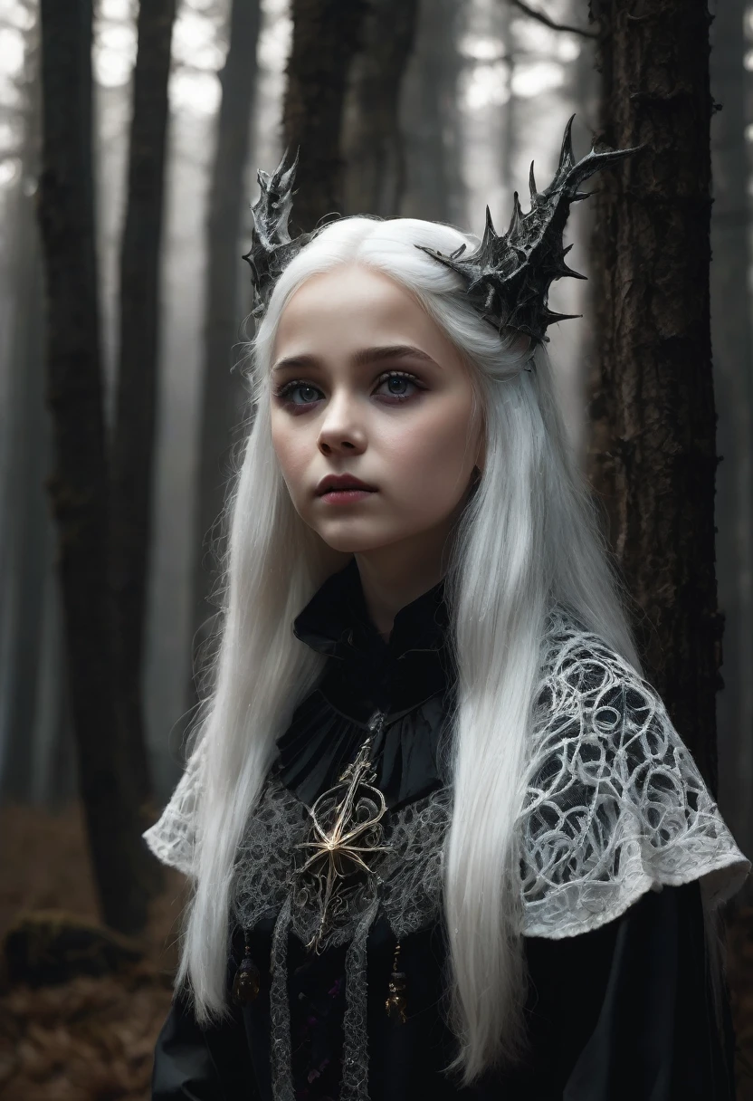 a beautiful girl, 10 years old, caucasian, grey eyes, white hair, witch, white clothing with bone details, sharp bones around, dark forest background, (best quality,4k,8k,highres,masterpiece:1.2),ultra-detailed,(realistic,photorealistic,photo-realistic:1.37),intricate details,chiaroscuro lighting,moody atmosphere,dramatic lighting,dark fantasy,gothic,occult