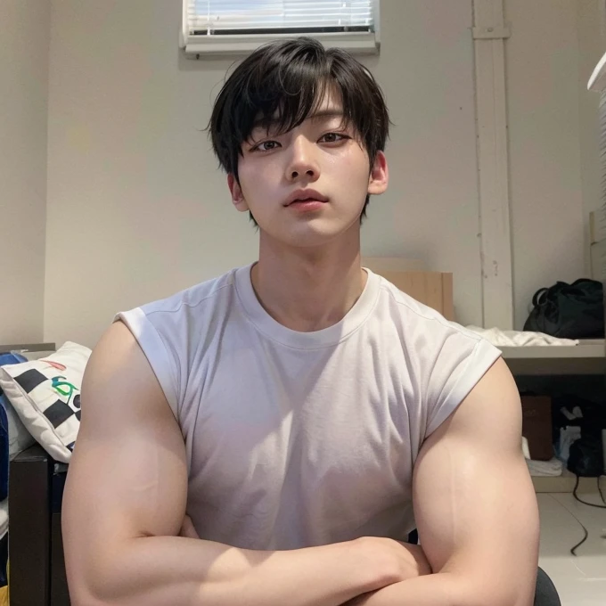 there is a man that is sitting down with his arms crossed, Jinyoung Shin, 2-1 year old Korean muscular boy, hyung tae, Hong Jun Hyung, Kim Doyoung, Jaeyeon Nam, who is siwoo, south korean man, hyung tae kim, hyung-tae kim, hyung-tae kim, Tae June Kim, inspired by Kim Myeong-guk, korean male, jeon jungkook, korean boy