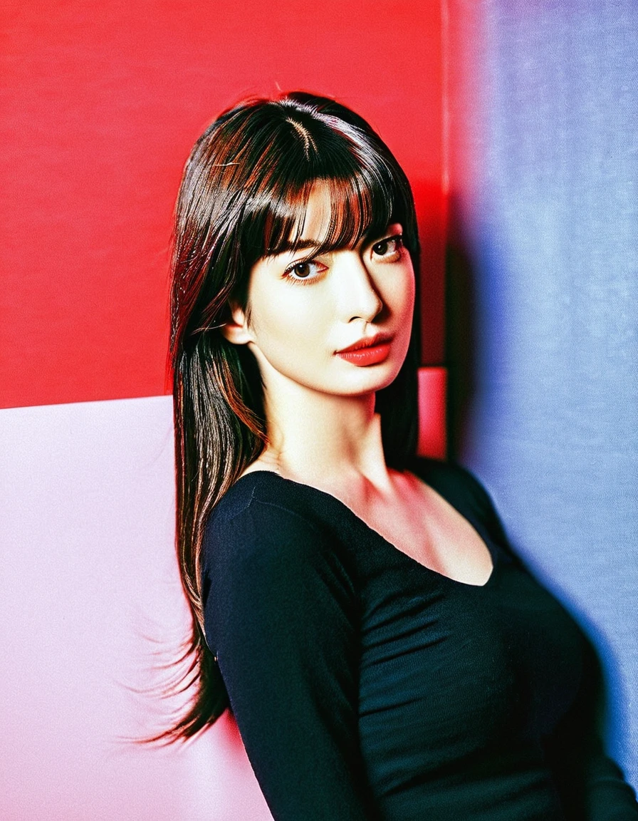 Beautiful Japanese woman,(Anne Hathaway look like:0.7),portrait,red background,black long-sleeve top,dark hair,bangs,red lipstick,makeup,young adult,looking at camera,moody lighting,warm color tone,elegant,fashion photography,vibrant color,soft focus,stylized,