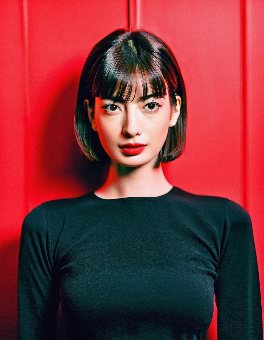 Beautiful Japanese woman,(Anne Hathaway look like:0.7),portrait,red background,black long-sleeve top,dark hair,bangs,red lipstick,makeup,young adult,looking at camera,moody lighting,warm color tone,elegant,fashion photography,vibrant color,soft focus,stylized,