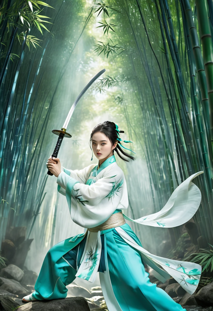 MartialArts of JinYong,Chinese swordsman in white attacking the viewer with sword, wearing cyan Hanfu, bamboo forest, falling bamboo leaves, characters, upward light, ray tracing, edge light, glow effect, exaggerated action, exaggerated perspective, green, super realistic detailed render style, super detail