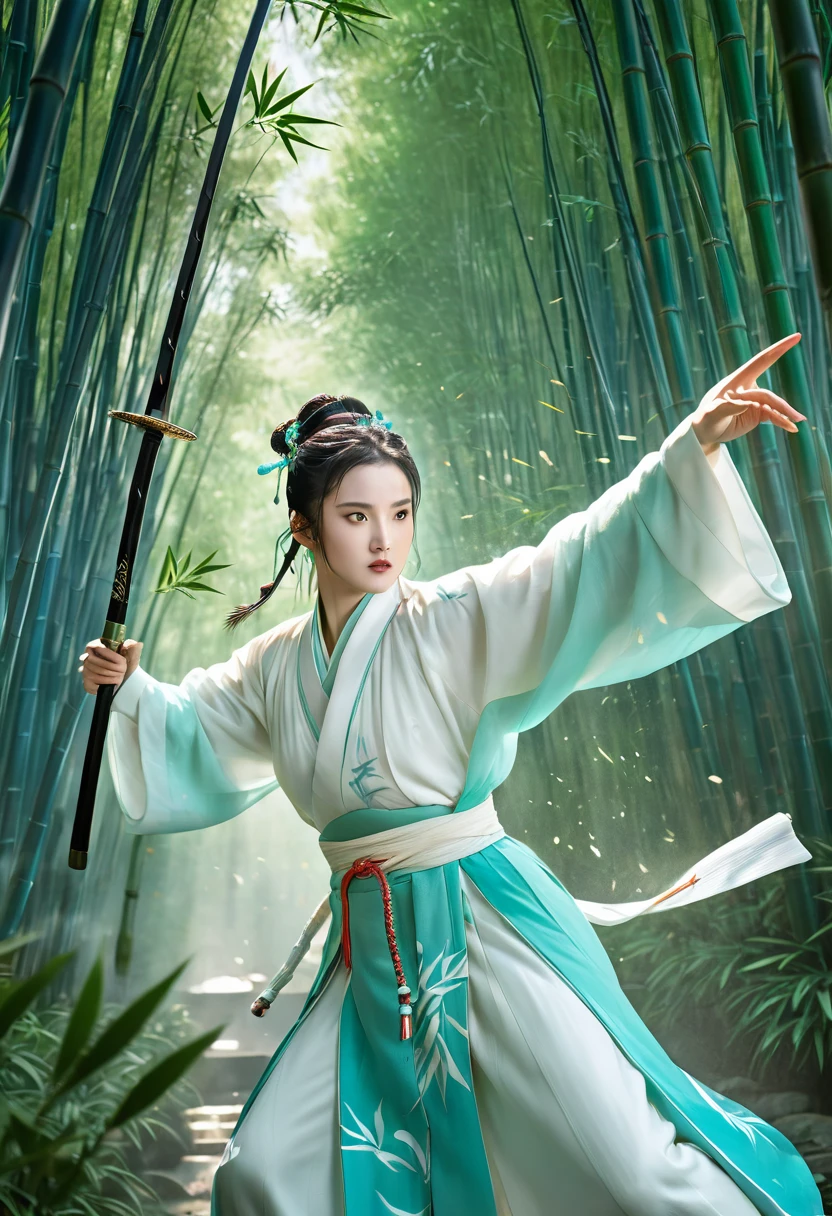 MartialArts of JinYong,Chinese swordsman in white attacking the viewer with sword, wearing cyan Hanfu, bamboo forest, falling bamboo leaves, characters, upward light, ray tracing, edge light, glow effect, exaggerated action, exaggerated perspective, green, super realistic detailed render style, super detail