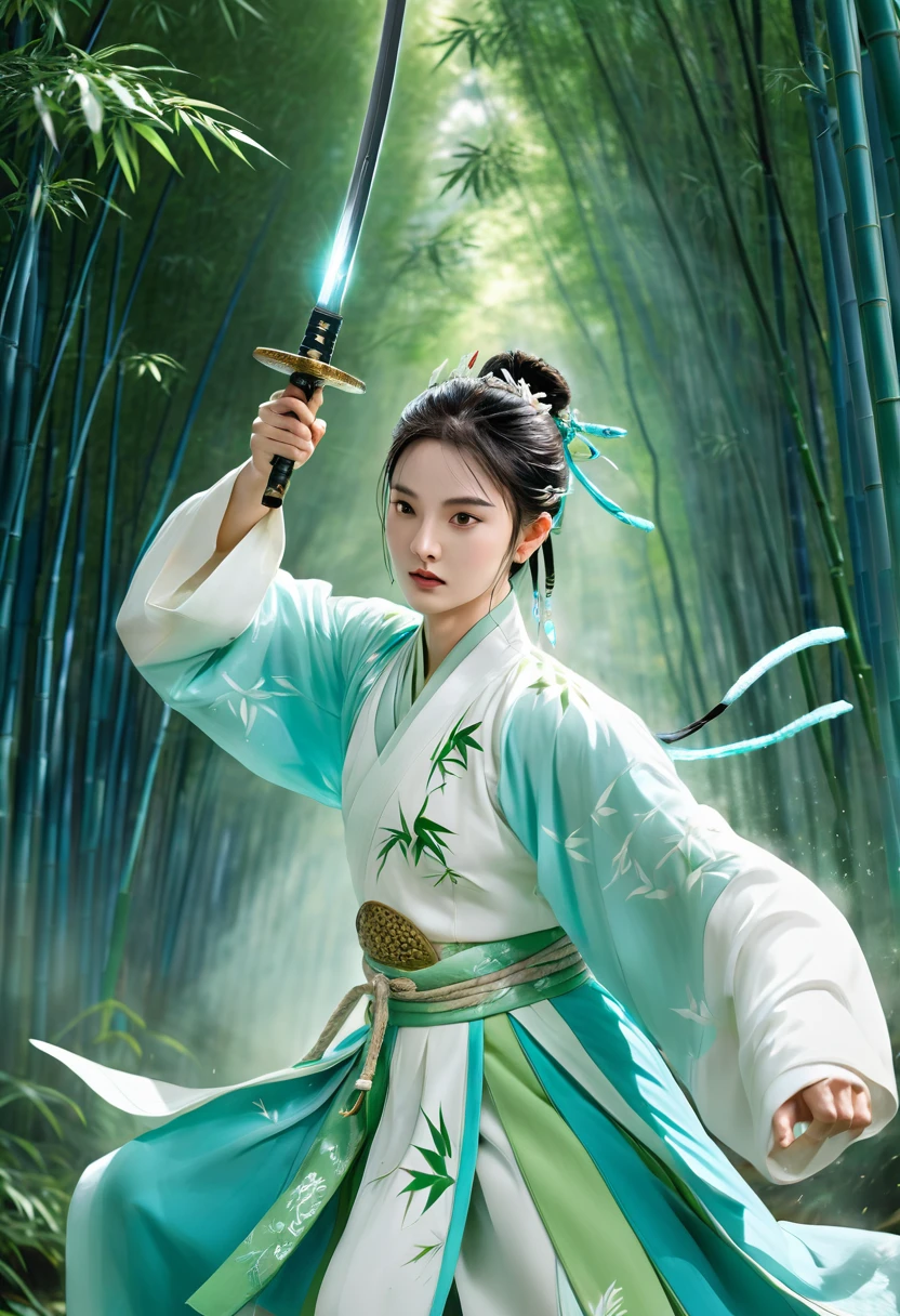 MartialArts of JinYong，Chinese swordsman in white attacking the viewer with sword， wearing cyan Hanfu, bamboo forest, falling bamboo leaves, characters, upward light, ray tracing, edge light, glow effect, exaggerated action, exaggerated perspective, green, super realistic detailed render style, super detail