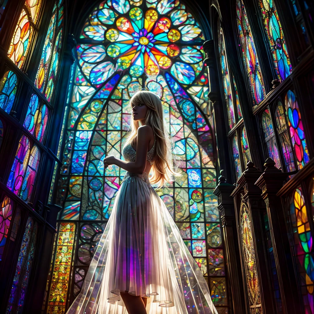  (Cathedral from below:1.28) (ZoomLayer) TopQuality 8K masterpiece of ((Professional photo)), (((Clarisse de Cagliostro))) (Detailed White WeddingDresses), Chain, (((Extremely detailed KAWAII face))) {((VeiledFace))|BlondeHair|(Elaborate BuleEyes)with(SparklingHighlights:1.28)}, The background is distant (((Elaborate stained glass))) Rainbow Glass, {(MysticSight)|EnchantingAtmosphere|Haze|(GodRays)|TyndallEffect}, Radiant PearlSkin with Transparency, (Exposed:0.39)