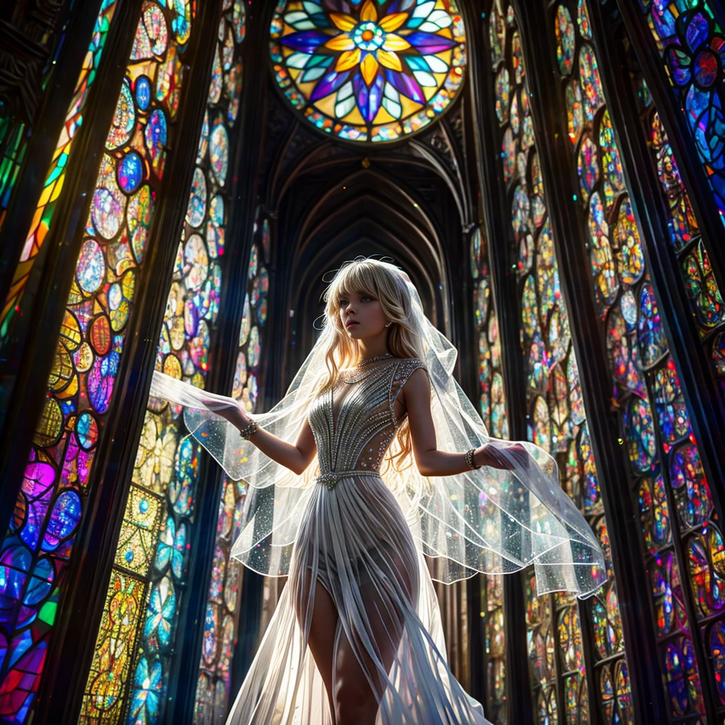  (Cathedral from below:1.28) (ZoomLayer) TopQuality 8K masterpiece of ((Professional photo)), (((Clarisse de Cagliostro))) (Detailed White WeddingDresses), Chain, (((Extremely detailed KAWAII face))) {((VeiledFace))|BlondeHair|(Elaborate BuleEyes)with(SparklingHighlights:1.28)}, The background is distant (((Elaborate stained glass))) Rainbow Glass, {(MysticSight)|EnchantingAtmosphere|Haze|(GodRays)|TyndallEffect}, Radiant PearlSkin with Transparency, (Exposed:0.39)