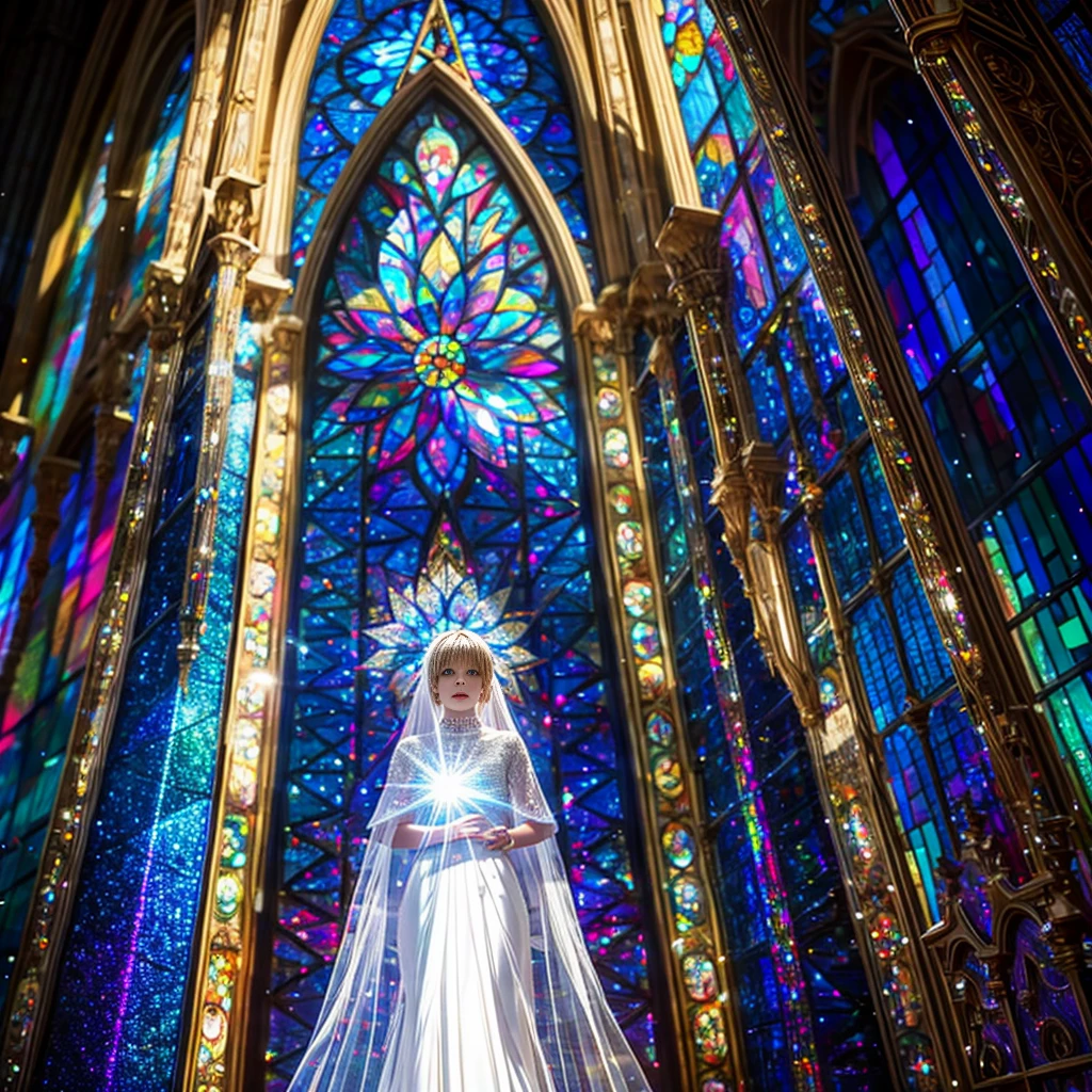 (Cathedral from below:1.28) (ZoomLayer) TopQuality 8K masterpiece of ((Professional photo)), (((Clarisse de Cagliostro))) (Detailed White WeddingDresses), Chain, (((Extremely detailed KAWAII face))) {((VeiledFace))|BlondeHair|(Elaborate BuleEyes)with(SparklingHighlights:1.28)}, The background is distant (((Elaborate stained glass))) Rainbow Glass, {(MysticSight)|EnchantingAtmosphere|Haze|(GodRays)|TyndallEffect}, Radiant PearlSkin with Transparency, (Exposed:0.39)