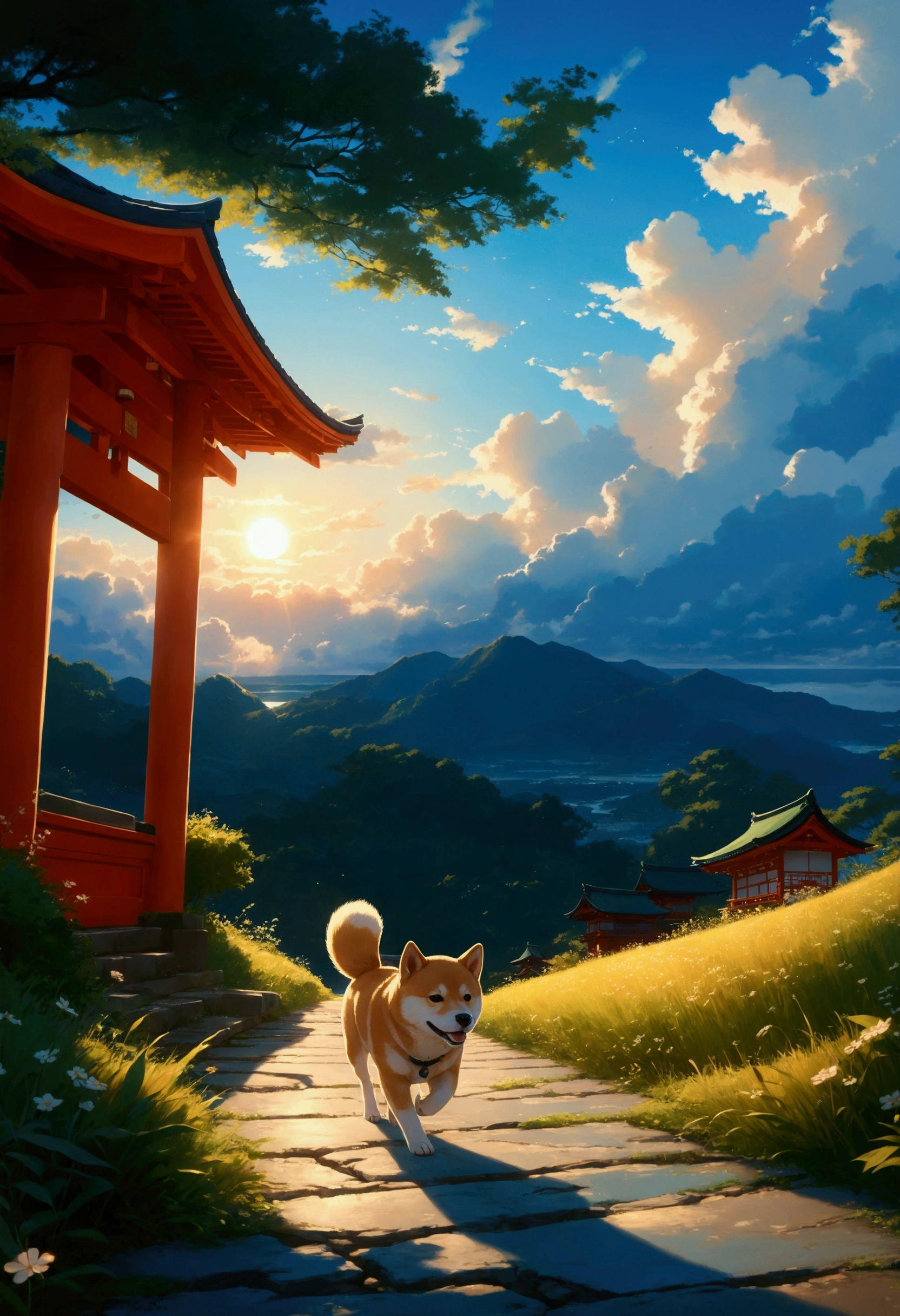 Makoto Shinkai Taste, Beautiful sky, A running Shiba Inu puppy, ,Romantic Landscape, Healing scenes, Light pours in,hope, Makoto Shinkai Taste,Detailed Description, Japanese Shrines, Sunset, Sparkle in the sky, The dazzling light of the sun