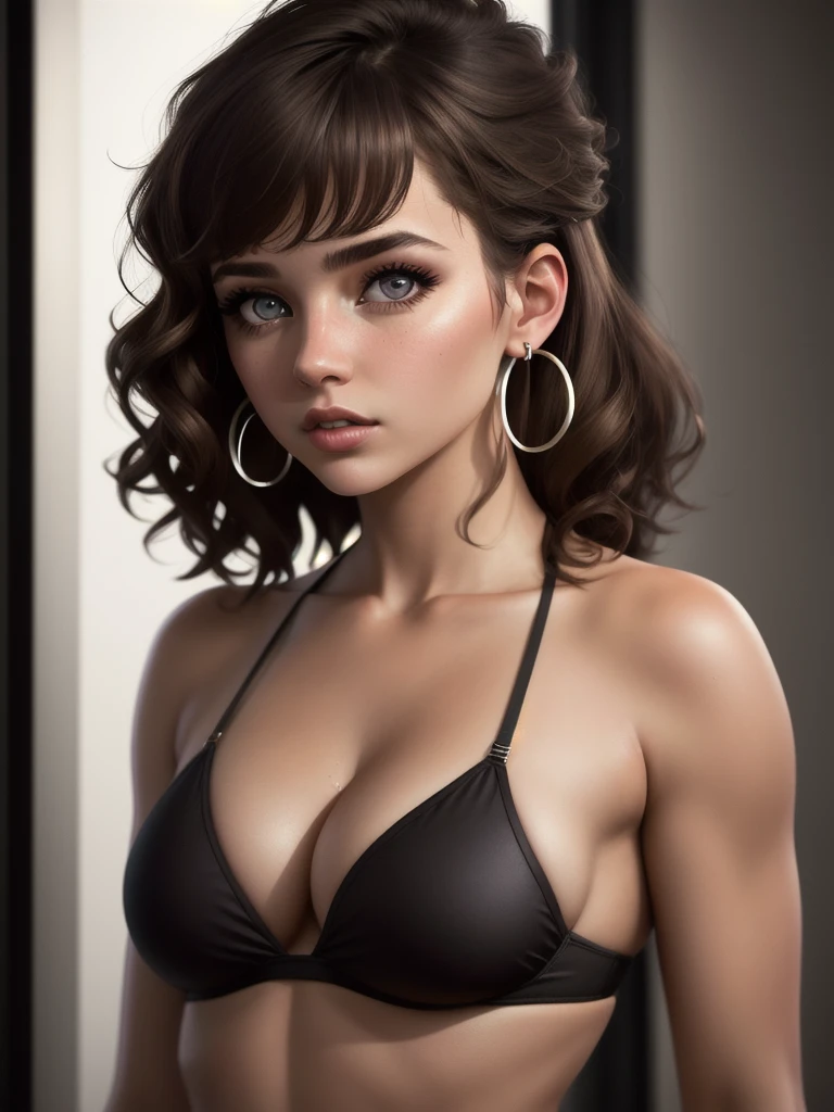 illustration, style of Philip Lorca diCorcia, cinematic film still portrait of young girl 8 yrs old, 1girl, solo, Instagram model, athletic figure, deep cleavast bust size, cute face, wearing a black bikini, light brown hair, short curly hair, crossed bangs, brown eyes, constricted pupils, hair ribbon, hoop earrings, cinematic lighting, Ultra-Wide Angle, Canon, Hyperrealism, UHD, masterpiece, textured skin, high details, best quality, detailed eyes, detailed iris, close up view