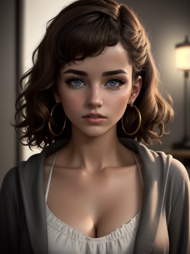 illustration, style of Philip Lorca diCorcia, cinematic film still portrait of young girl aged 18 yrs old, 1girl, solo, Instagram model, athletic figure, deep cleavage, modest bust size, cute face, wearing a black bathrobe, light brown hair, short curly hair, crossed bangs, brown eyes, constricted pupils, hair ribbon, hoop earrings, cinematic lighting, Ultra-Wide Angle, Canon, Hyperrealism, UHD, masterpiece, textured skin, high details, best quality, detailed eyes, detailed iris, close up view