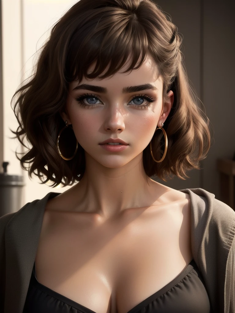 illustration, style of Philip Lorca diCorcia, cinematic film still portrait of young girl aged 18 yrs old, 1girl, solo, Instagram model, athletic figure, deep cleavage, modest bust size, cute face, wearing a black bathrobe, naked underneath, light brown hair, short curly hair, crossed bangs, brown eyes, constricted pupils, hair ribbon, hoop earrings, cinematic lighting, Ultra-Wide Angle, Canon, Hyperrealism, UHD, masterpiece, textured skin, high details, best quality, detailed eyes, detailed iris, close up view