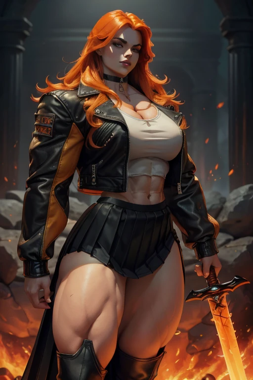(((Close-up))), tall, (orange hair) beautiful muscular woman, long shaggy hair, pale white skinned, closed smile, (black lipstick), (massive muscles), (hyper muscle), (ginormous bulky muscles), glowing green eyes, ((leather jacket and long pleated skirt)), (carrying a fire sword), choker, boots, night in a fire castle,