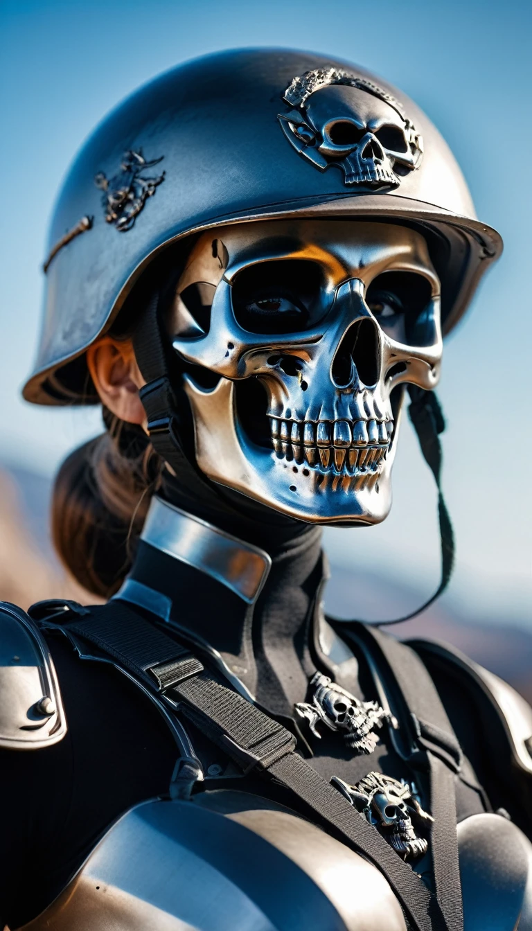 Close-up of beautiful woman, military outfit with military helmet, skull army background; destructive war scene, destroyer bones; skull decoration; menacing, fantastical style; iron armor with skeleton decoration; cinematic colors.
Photo taken with Canon EOS R5 85mm f/11 Camera, ((sharp)) mode of the girl and the surrounding scenery. Image quality ((8K)), ((lifelike)), ((masterpiece)), ((sharp and highest contrast)), ((great depth of field)), ((light stereolithography)).