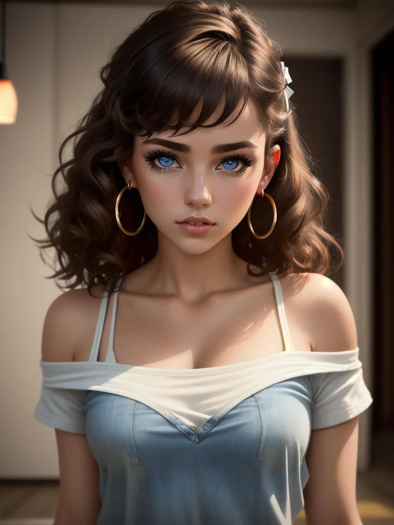 illustration, style of Philip Lorca diCorcia, cinematic film still portrait of young girl aged 18 yrs old, 1girl, solo, Instagram model, athletic figure, modest bust size, cute face, wearing an off the shoulder white T-shirt, wearing jean shorts, light brown hair, short curly hair, crossed bangs, brown eyes, constricted pupils, hair ribbon, hoop earrings, cinematic lighting, Ultra-Wide Angle, Canon, Hyperrealism, UHD, masterpiece, textured skin, high details, best quality, detailed eyes, detailed iris, close up view full body photo