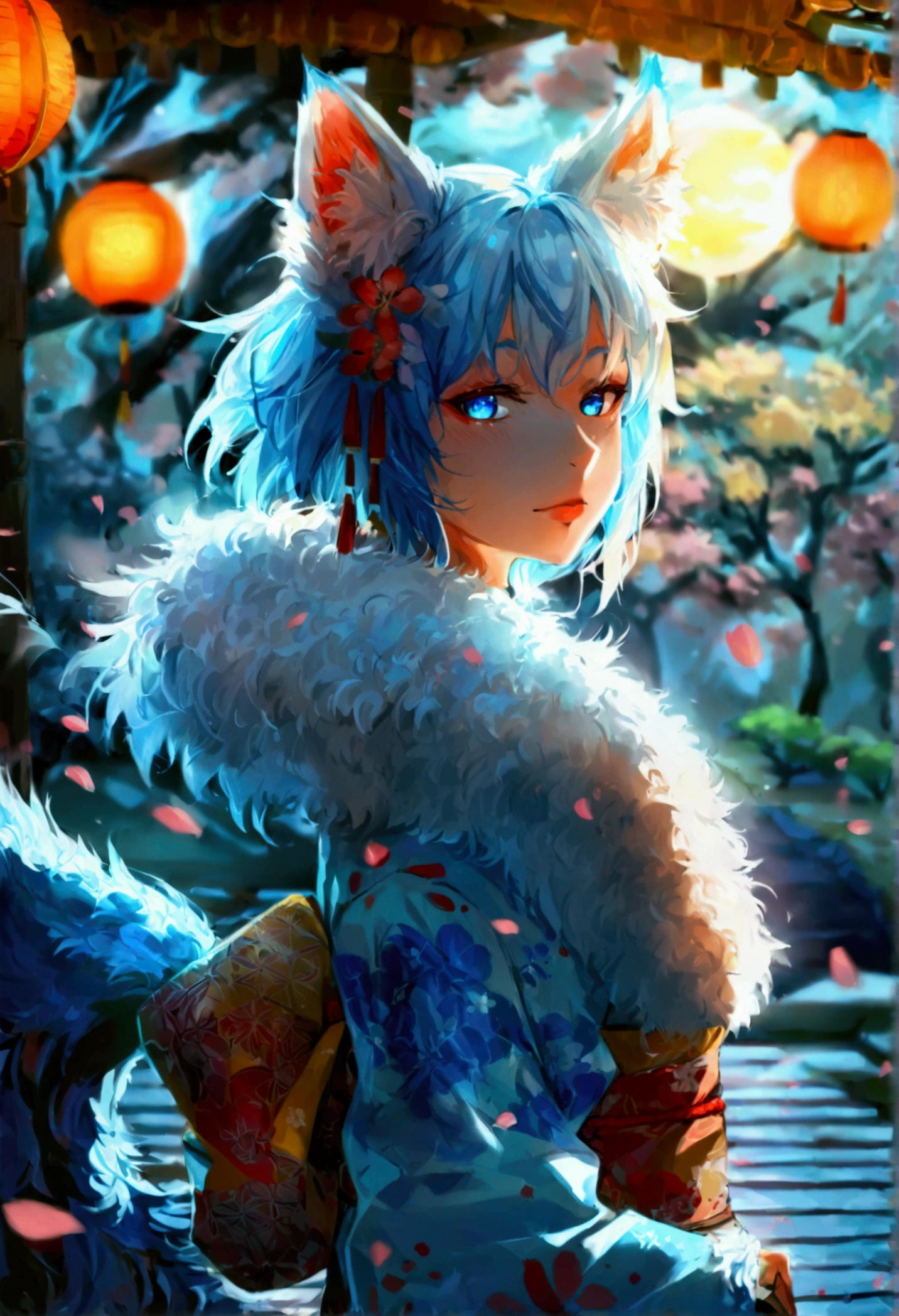 fox Light blue hair 　beast girl　indigo fur　fox beast girl　fox Light blue hair 　beast girl　indigo fur　fox beast girl　Wallpaper 4k,8k,highly detailled,,vivid colors,detailed kitsune with 9 tails,traditional Japanese artwork,tatami floor,beautiful cherry blossoms,floating lanterns,dark silhouette of a pagoda,subtle moonlight,dense forest,ethereal atmosphere,dappled sunlight,whimsical spirit,serene expression,elaborate kimono and obi,delicate hand-painted details,luminous eyes　Anime Style　fox　blue　White-faced golden-haired nine-tailed fox　Coat blue　　fox Light blue hair 　beast girl　indigo fur　fox beast girl　Anime Style　fox　blue　White-faced golden-haired nine-tailed fox　Coat blue　　　mysterious background　Blue Flame　girl　have a ball of light　fox Light blue hair 　beast girl　indigo fur　fox beast girl　mysterious background　Blue Flame　girl　have a ball of light Anime Style　fox　blue　White-faced golden-haired nine-tailed fox　Coat blue　　　mysterious background　Blue Flame　girl　have a ball of lightfox Light blue hair 　beast girl　indigo fur　fox beast girl　Anime Style　fox　blue　White-faced golden-haired nine-tailed fox　Coat blue　　　mysterious background　Blue Flame　girl　have a ball of light　fox Light blue hair 　beast girl　indigo fur　fox beast girl