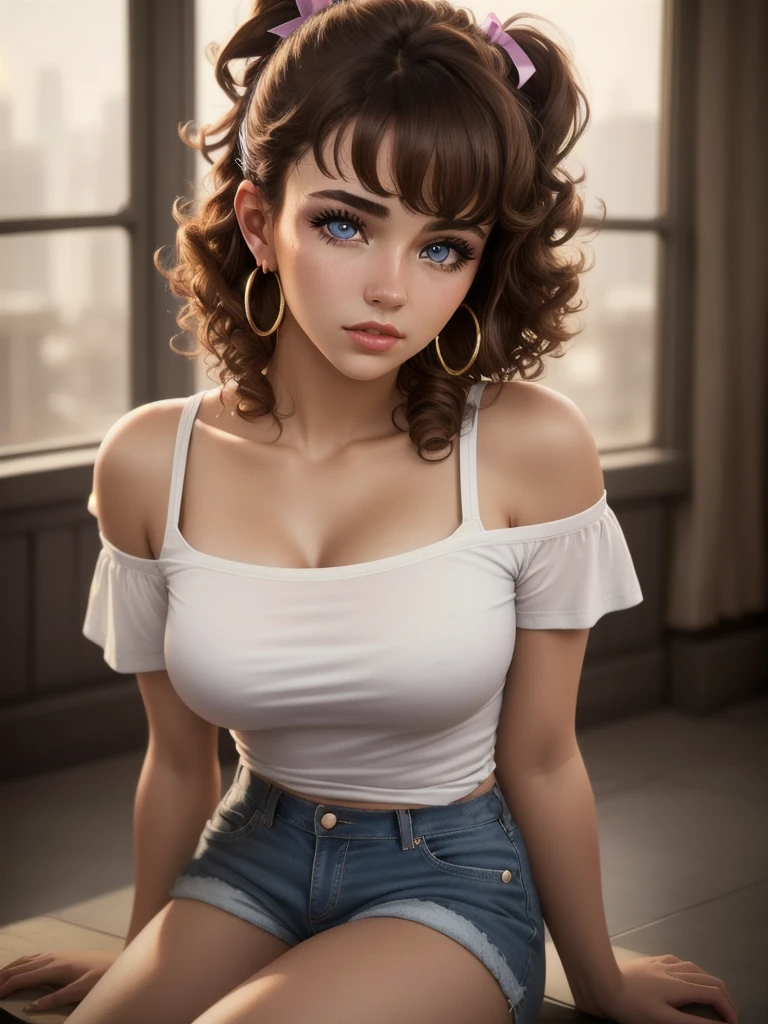 illustration, style of Philip Lorca diCorcia, cinematic film still portrait of young girl aged 18 yrs old, 1girl, solo, Instagram model, athletic figure, modest bust size, cute face, wearing an off the shoulder white T-shirt, wearing jean shorts, light brown hair, short curly hair, crossed bangs, brown eyes, constricted pupils, hair ribbon, hoop earrings, cinematic lighting, Ultra-Wide Angle, Canon, Hyperrealism, UHD, masterpiece, textured skin, high details, best quality, detailed eyes, detailed iris, close up view full body photo