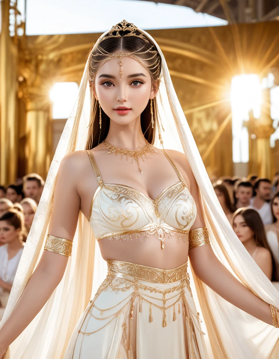 A breathtakingly beautiful fashion model stands confidently on a luxurious runway stage, bathed in warm golden light. Her exquisite features are captured in stunning 8K resolution, showcasing every detail of her flawless face: luscious long eyelashes framing piercingly beautiful eyes with intricate iris patterns. Her lips curve into a subtle smile, and her nose is perfectly proportioned to her heart-shaped face. Her skin glows with an ethereal radiance, as if kissed by the gods. The model's medium-sized breasts are elegantly accentuated by the fitted design of her high-fashion attire. As she strikes a pose, the camera captures every nuance of her features in breathtaking clarity, making her a true goddess on the catwalk.