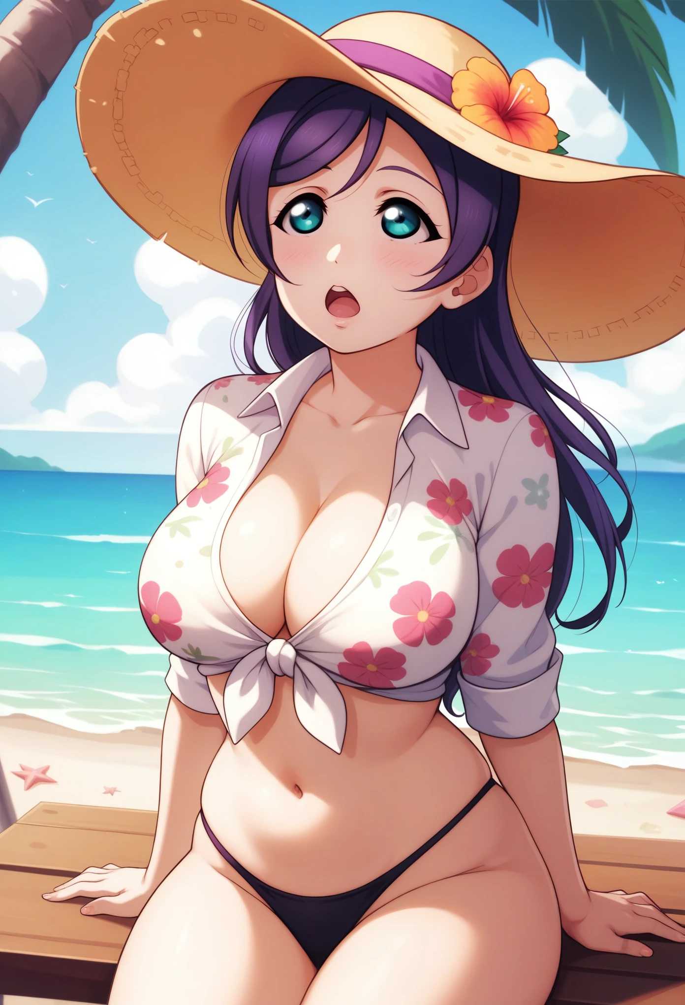 Masterpiece,best quality, cowboy shot,toujo nozomi, purple hair,long hair, leaning back, big breasts, floral printed shirt, cleavage, front tied shirt,half sleeves, black thong , standing,beach, mature ,yellow hat,semi sitting, looking up, love live 