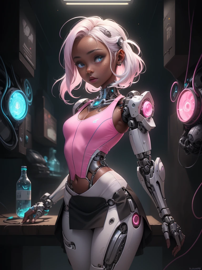 analog raw photo of cute tween Fashion model 13 yr old, photo shoot in a basement , beautiful Icelandic girl,(dark ebony skin:1.4), (mini skirt pink cyborg :1.4) , innocent detailes eyes, uncombed blodne hair, skinny, thin, slim, lean, slender, nubile, detailed cute face, natural lighting, perfect lips, symmetrical face, young, youthful, tween, teenager, medium breasts,(cyborg white transparent circuito :1.4), (tight tank top white :1.4) , (small bodysuit white :1.4) , (medias blancas brillantes/pantys:1.4),view from behind looking back, glass bottles on tables, high res 16k, Epic Fantasy Art Style HD, 4K fantasy art, epic fantasy digital art style, epic fantasy art style, Fantasy Woman, epic fantasy art portrait, Epic fantasy style, hyperrealistic fantasy art, hd fantasy art, Epic fantasy character art, epic fantasy art, in style of dark fantasy art, epic fantasy digital art, (iluminación cinematográfica :1.4), (anatomía perfecta :1.4), (face detailed :1.4), (pose vaquero), (cyborg white plastic transparent mechanical :1.4), (cyberpunk: V2.0), (colores brillantes), (circuitos neón luces Cyborg :1.4), (dark ebony skin:1.4)