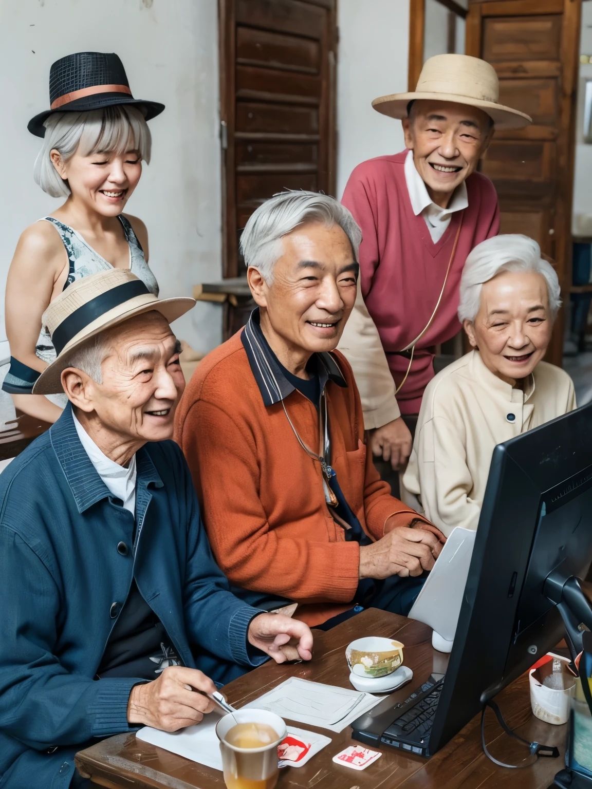 Gray-haired old man,China,80 years old,Smile,Rough skin