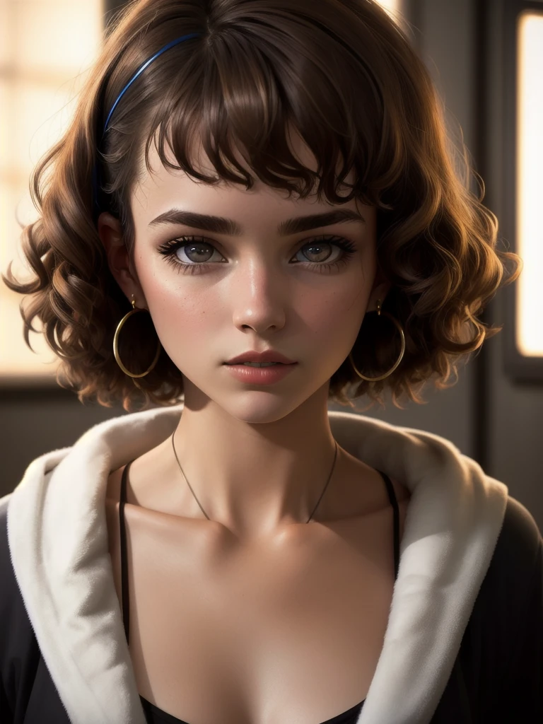 illustration, style of Philip Lorca diCorcia, cinematic film still portrait of young girl aged 18 yrs old, 1girl, solo, Instagram model, athletic figure, modest bust size, cute face, wearing a black bathrobe, light brown hair, short curly hair, crossed bangs, brown eyes, constricted pupils, hair ribbon, hoop earrings, cinematic lighting, Ultra-Wide Angle, Canon, Hyperrealism, UHD, masterpiece, textured skin, high details, best quality, detailed eyes, detailed iris, close up view