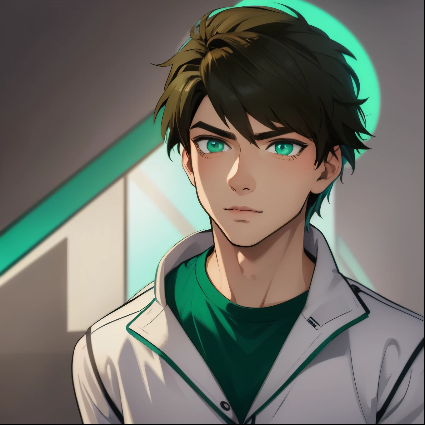 realistic portrait of a teenage boy with mesmerizing green eyes and shiny brown hair, detailed facial features, handsome expression, Danny Phantom character, high school student, cinematic lighting, vibrant colors, hyperrealistic