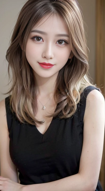 blush a little and smile, (Top quality masterpiece:1.2) Delicate illustrations, Very detailed, /Beautiful Japanese Woman、1 person,Very cute and slim、Great style 、((8k images、super high quality))、Very delicate face, Big Breasts、Skin and Hair、beautifule forehead、Red lipstick、(((((Mid-length hair、Blonde、lure))))),Very cute Japanese cut face、Eyes and nose are clearly visible、Kind eyes,((((Black sleeveless fashion))))