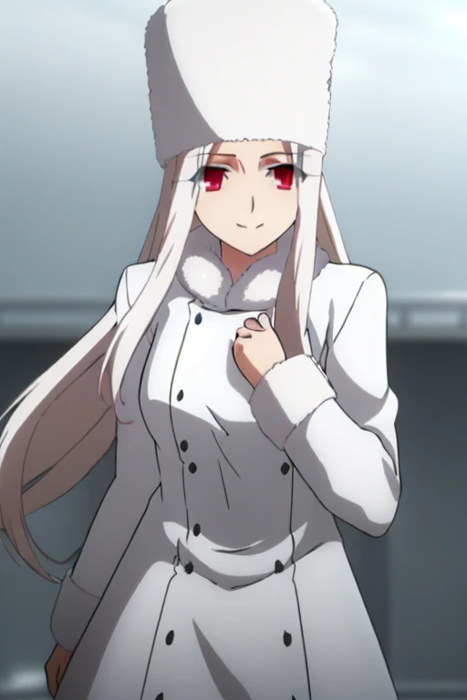Irisviel Von Einzbern, (large breasts), oversized breasts, long hair, white hair, white fur coat, (belt), white gloves, white fur hat, solo, facing the viewer, looking at the viewer, smile, closed mouth, outdoors, snow