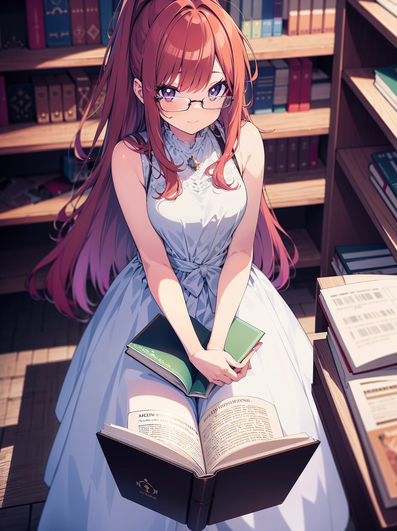 from above, colorful, (best quality, ultra-high resolution, depth of field:1.2), 1woman, long red hair, ponytail, hazel eyes, freckles, slender build, white dress, glasses, (library background), focused and serene, sitting, reading a book