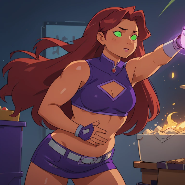 Photorealistic, Ultra realistic, 16k, high quality, cinematic lights, dream atmosphere, dream aesthetic, 1 fat girl, red-scarlet hair, (realistic silky hair), fat StarfireDC, glowing green eyes (shining), long flowing hair(red), tanned skin illuminated, realistic textured skin, realistic shading, glowing eyes tan skin, cleavage, large natural breasts, (purple crop top:1.2), bare shoulders, midriff, purple miniskirt, purple thighhighs, realistic textures, belt, 16k resolution, detailed face and eyes, female body plus, strong arms, lean big belly, strong hips, muscular thighs, thick legs, body plus, realistic, flying through the air, glowing balls of energy in her hands, style-paintmagic, different positions at different types of angles.