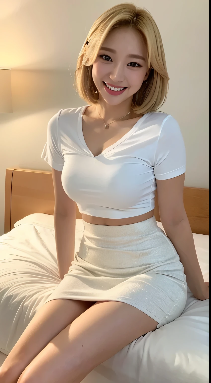 White tight shirt、White tight mini skirt、bed、smile、Short sleeve、high resolution、Korean idol face、double eyelid、White teeth、Medium Hair、Blonde