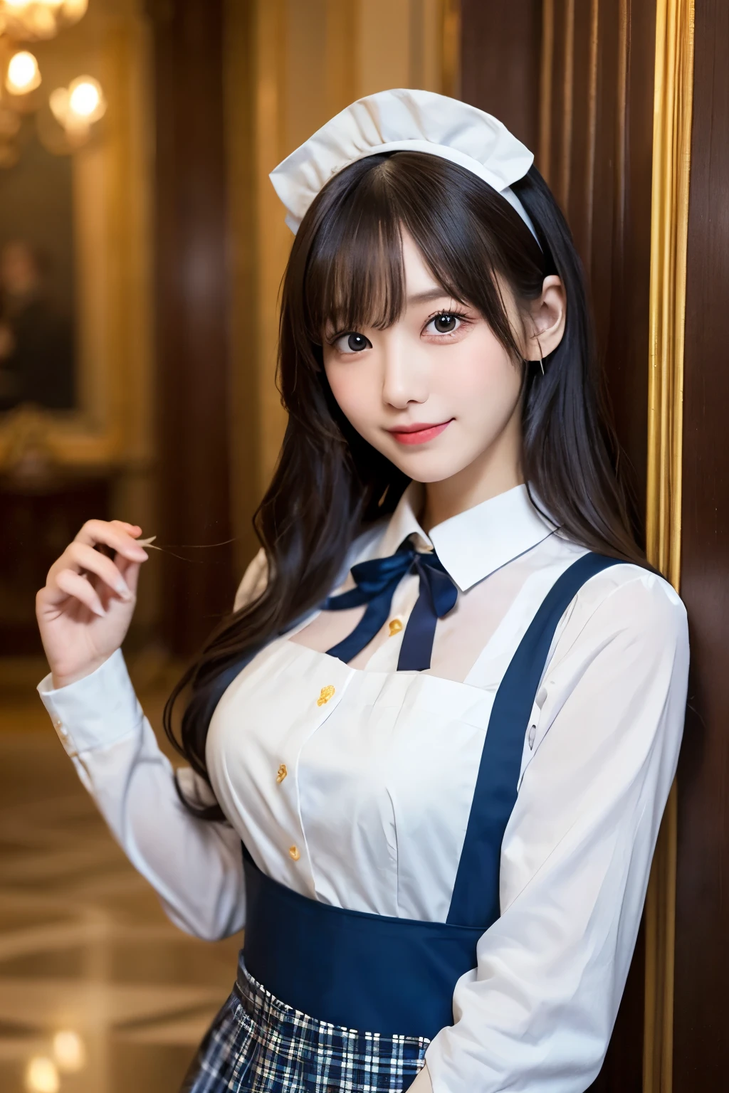 Detailed image of a young female character standing in a grand hall lined with marble columns。She has short, wavy blue hair、Has side fringe、Adorned with a white frilly headband and blue ribbon。Big blue eyes are kind、He has a slightly sad expression、There is a slight redness on the cheeks。She is wearing a classic maid outfit.、In a black puff sleeve dress、White apron with lace trim、And a blue ribbon on the neckline.。The apron has gold teardrop decorations.、It is secured by a thin gold chain。She is holding the skirt of her dress with one hand、It is lifted a little、Her other hand is delicately placed to touch the ribbon on her chest.。In the background there is a blurred white decorative building.、The soft, indirect lighting creates a calm and elegant atmosphere.。smile、Large Breasts、Red plaid apron、Colorful hair colors、Cute pose、red、