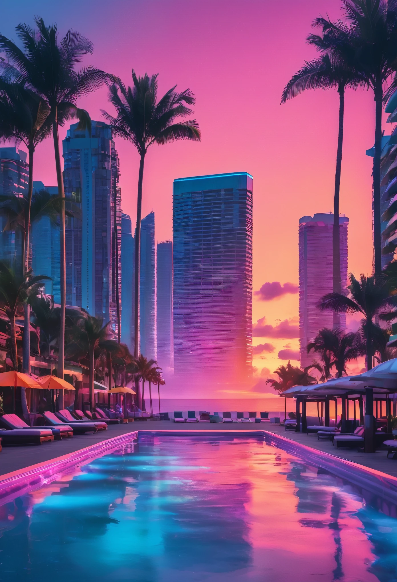 POV Beach party at a luxurious hotel in a mexican beach at sunset. beautiful lighting, beautiful bright colors, luxurious tall hotel buildings in the background. alone, no traffic, orange, pink, blue predominant colors, (Best Quality,4k,8k,High resolution,masterpiece:1.2),ultra detailed, aesthetic vaporwave illustration、colored neons、dream atmosphere、cyberpunk atmosphere、glitch art、80&#39;s retro vibe、Geometric patterns、surreal landscape、japanese text、pink and purple tones、Hologram effect、Playa Sunset、palm、3D rendering objects、reflective surface、Tropical paradise、Vibrant colors synthesized music、Numerical aesthetics，Abstract vice shaiami style，futuristic fashion，playa，Smooth gradient，pastel color palette，nostalgic atmosphere，Lo-fi aesthetic，urban skyline，sunset reflection，surreal sunset，Cloud formation，virtual reality