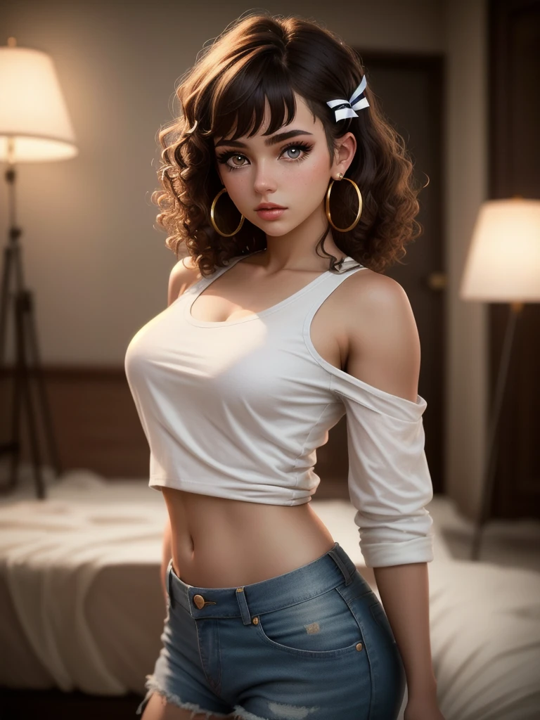illustration, style of Philip Lorca diCorcia, cinematic film still portrait of young girl aged 18 yrs old, 1girl, solo, Instagram model, athletic figure, modest bust size, cute face, wearing an off the shoulder white T-shirt, wearing jean shorts, light brown hair, short curly hair, crossed bangs, brown eyes, constricted pupils, hair ribbon, hoop earrings, cinematic lighting, Ultra-Wide Angle, Canon, Hyperrealism, UHD, masterpiece, textured skin, high details, best quality, detailed eyes, detailed iris, close up view full body photo