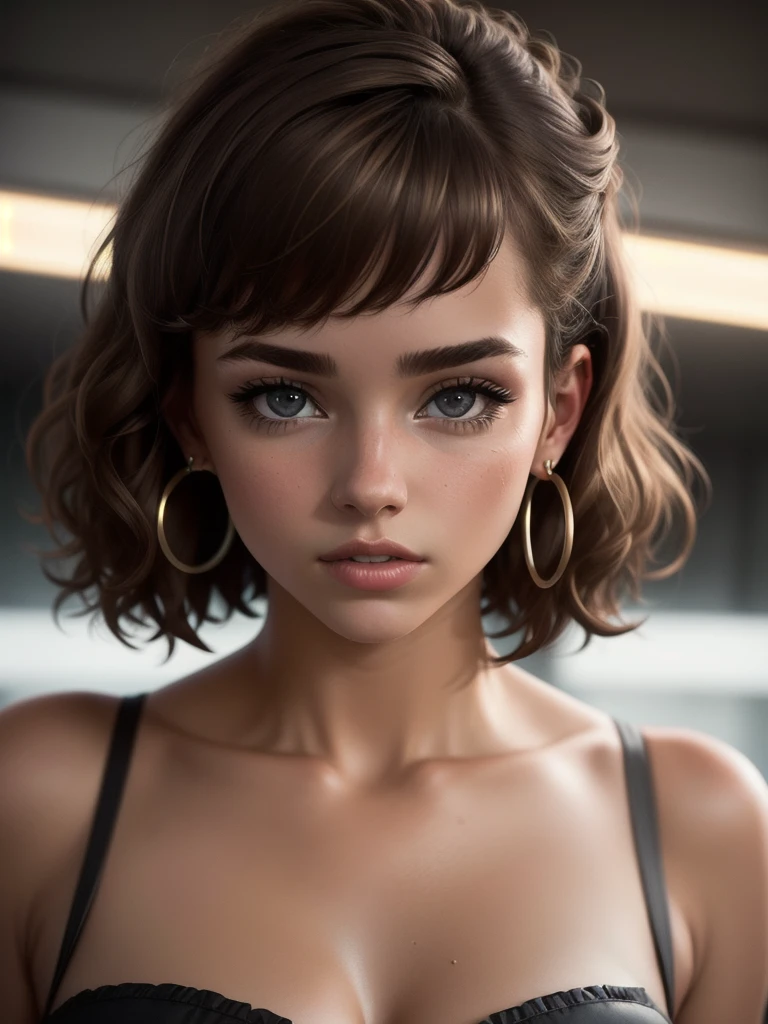 illustration, style of Philip Lorca diCorcia, cinematic film still portrait of young girl aged 18 yrs old, 1girl, solo, Instagram model, athletic figure, modest bust size, cute face, wearing a black bikini, light brown hair, short curly hair, crossed bangs, brown eyes, constricted pupils, hair ribbon, hoop earrings, cinematic lighting, Ultra-Wide Angle, Canon, Hyperrealism, UHD, masterpiece, textured skin, high details, best quality, detailed eyes, detailed iris, close up view