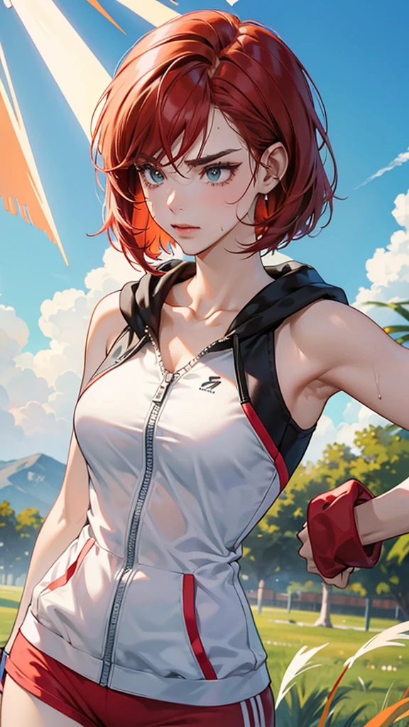 {{Dynamic configuration}},{{masterpiece}}, {{{Highest quality}}},{{Very detailed}},{{Reddening with anger}},{{V-shaped eyebrows}},{{shape}},{{expensive}},{{Adult woman sweating with fatigue}},{{Flared Shorts}},{{White sleeveless zip hoodie with an open neckline}} Red Hair Bob Small breasts expensive The body is slim Thin legs Grass playground clavicle Décolletage Wristband Forward bendingみ Forward bending Preparing for exercise