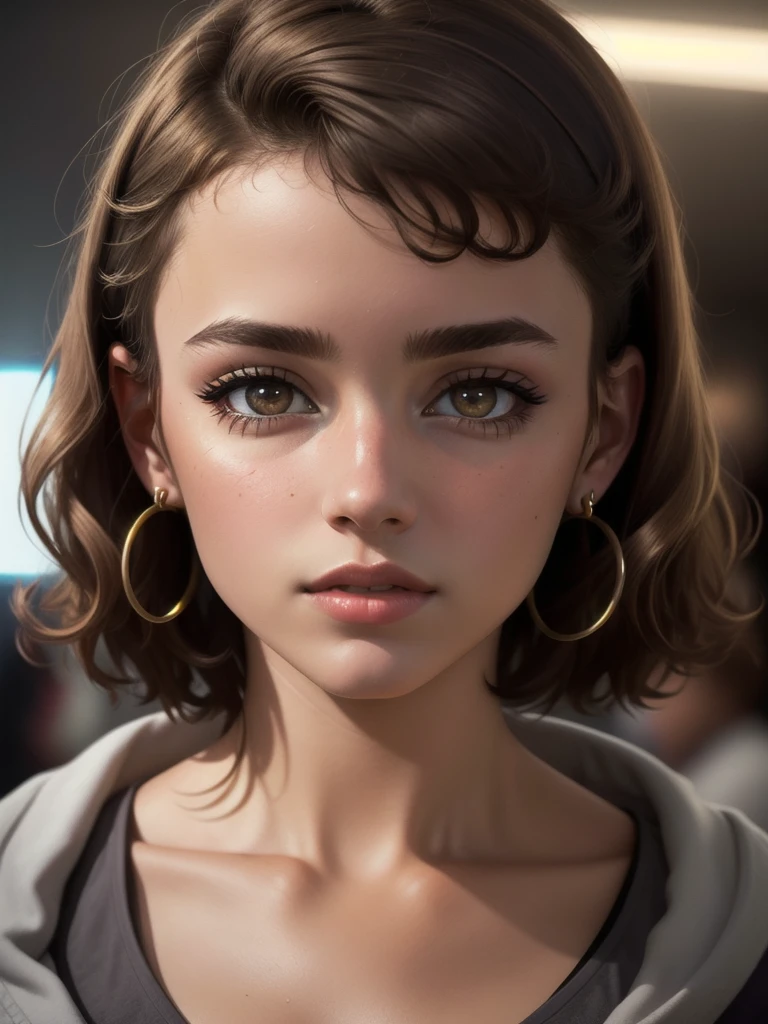 illustration, style of Philip Lorca diCorcia, cinematic film still portrait of young girl aged 18 yrs old, 1girl, solo, Instagram model, athletic figure, modest bust size, cute face, wearing a black bathrobe, light brown hair, short curly hair, crossed bangs, brown eyes, constricted pupils, hair ribbon, hoop earrings, cinematic lighting, Ultra-Wide Angle, Canon, Hyperrealism, UHD, masterpiece, textured skin, high details, best quality, detailed eyes, detailed iris, close up view