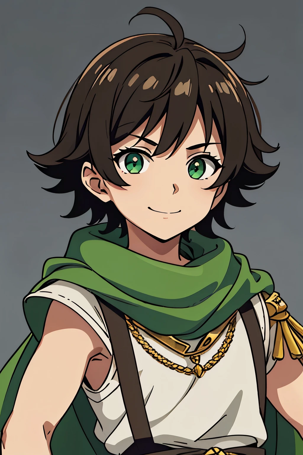 (high-quality, breathtaking),(expressive eyes, perfect face) 1boy, male, solo, , short height, age 5, darkown color hair, green eye color, spiked fluffy hair, wavy hair, short hair length, cute smile, childlike face, white tunic, green trim, green scarf, Symmetrical Eyes, portrait, positive expression, grey background, greek clothes, Hades Style clothing
