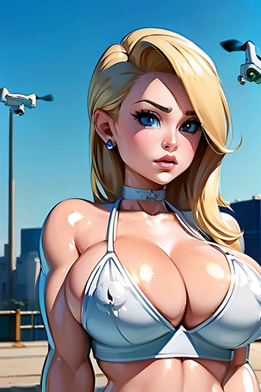 Pamela Anderson huge breasts blonde hair attractive face parted lips thick lips wearing Philadelphia Eagles shirt, (((drone style))) gargantuan