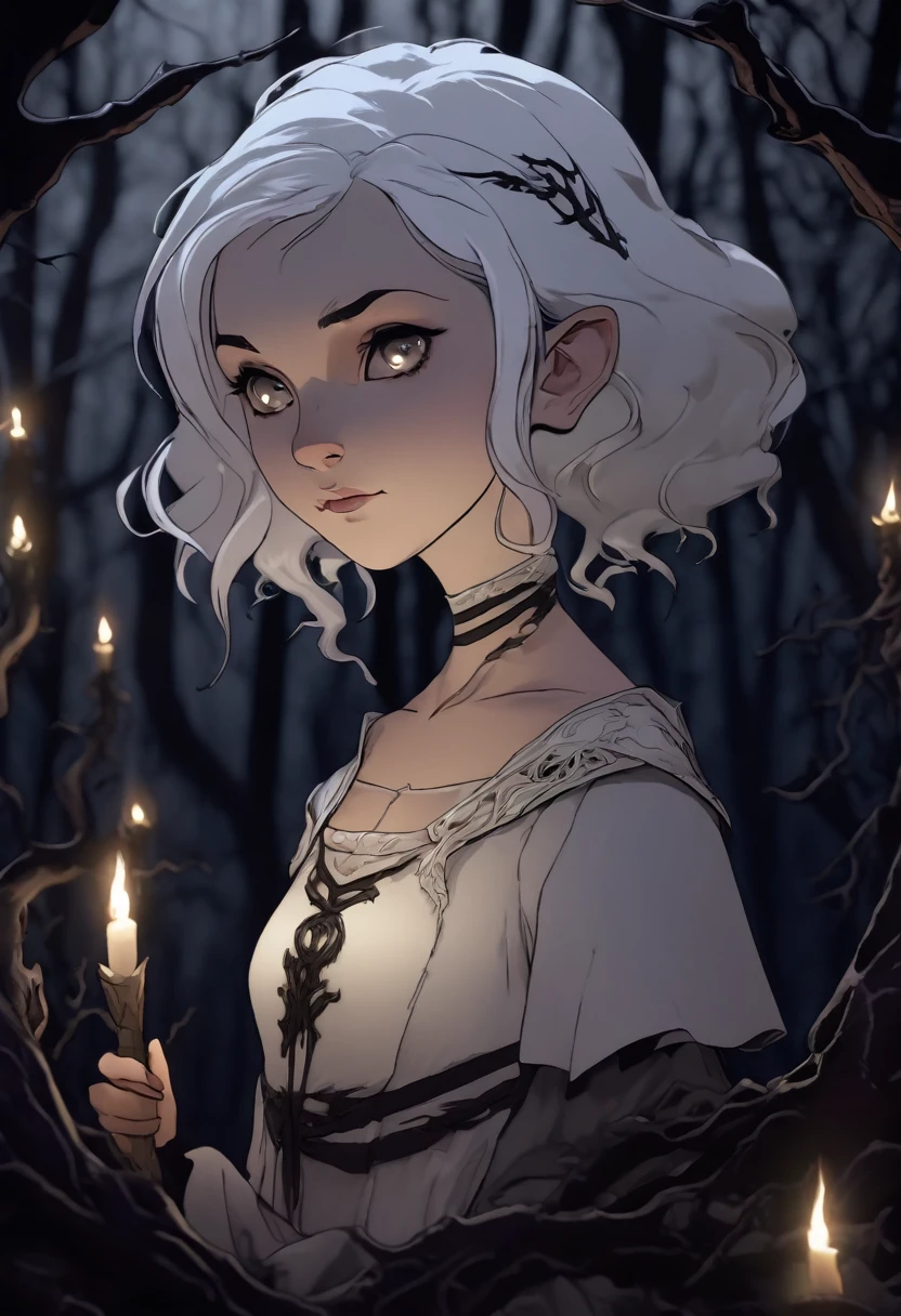 a beautiful girl, 10 years old, caucasian, grey eyes, white hair, witch, white clothing with bone details, sharp bones around, dark forest background,intricate details,chiaroscuro lighting,moody atmosphere,dramatic lighting,dark fantasy,gothic,occult
