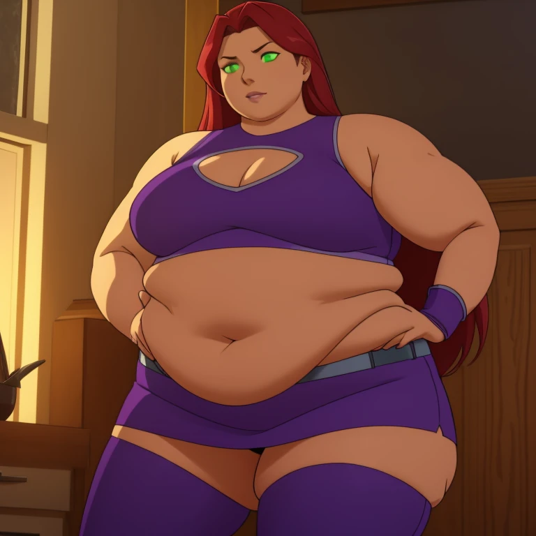 Photorealistic, Ultra realistic, 16k, high quality, cinematic lights, dream atmosphere, dream aesthetic, 1 fat girl, red-scarlet hair, (realistic silky hair), fat StarfireDC, glowing green eyes (shining), long flowing hair(red), tanned skin illuminated, realistic textured skin, realistic shading, glowing eyes tan skin, cleavage, large natural breasts, (purple crop top:1.2), bare shoulders, midriff, purple miniskirt, purple thighhighs, realistic textures, belt, 16k resolution, detailed face and eyes, female body plus, strong arms, lean big belly, strong hips, muscular thighs, thick legs, body plus, realistic, flying through the air, glowing balls of energy in her hands, style-paintmagic, different positions at different types of angles.