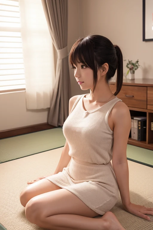 Japanese woman cute 3D anime camisole hot pants woman sitting in bedroom