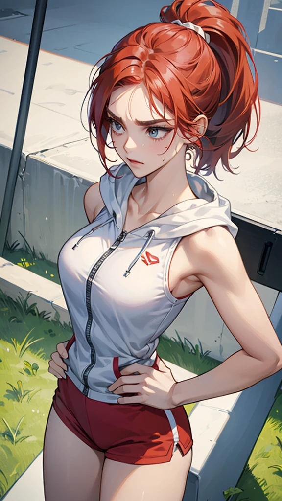 {{Dynamic configuration}},{{masterpiece}}, {{{Highest quality}}},{{Very detailed}},{{Reddening with anger}},{{V-shaped eyebrows}},{{shape}},{{expensive}},{{Adult woman sweating with fatigue}},{{Flared Shorts}},{{White sleeveless zip hoodie with an open neckline}} Red Hair Bob Small breasts expensive The body is slim Thin legs Grass playground clavicle Décolletage Wristband Forward bendingみ Forward bending Preparing for exercise