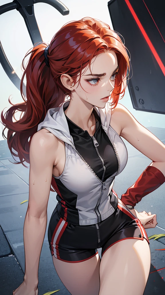 {{Dynamic configuration}},{{masterpiece}}, {{{Highest quality}}},{{Very detailed}},{{Reddening with anger}},{{V-shaped eyebrows}},{{shape}},{{expensive}},{{Adult woman sweating with fatigue}},{{Flared Shorts}},{{White sleeveless zip hoodie with an open neckline}} Red Hair Bob Small breasts expensive The body is slim Thin legs Grass playground clavicle Décolletage Wristband Forward bendingみ Forward bending Preparing for exercise
