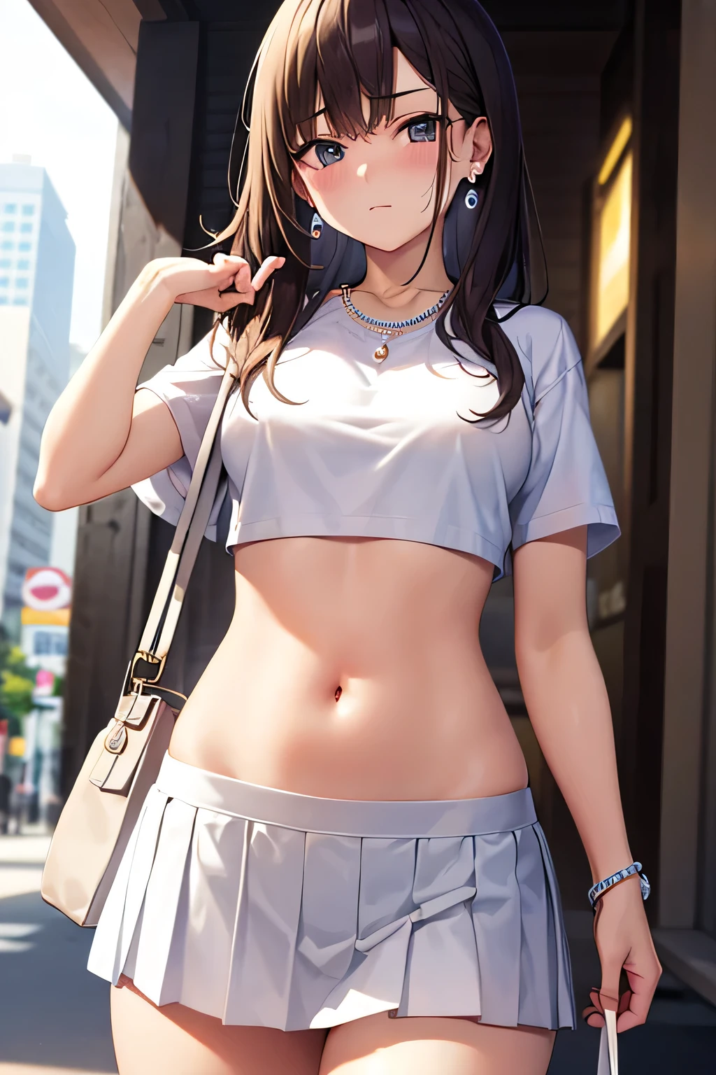 super fine illustration, vibrant colors, masterpiece, sharp focus, best quality, depth of field, cinematic lighting, ultra detailed, crop top, white shirt, short sleeves, white pleated skirt, navel, belly button, tummy, wide hips, 1 girl, solo, milf, very messy hair, slender, blush, annoyed, mature female, tall woman, looking down, small breasts, stomach, purse, street, city, bangle, earring, pearl necklace
