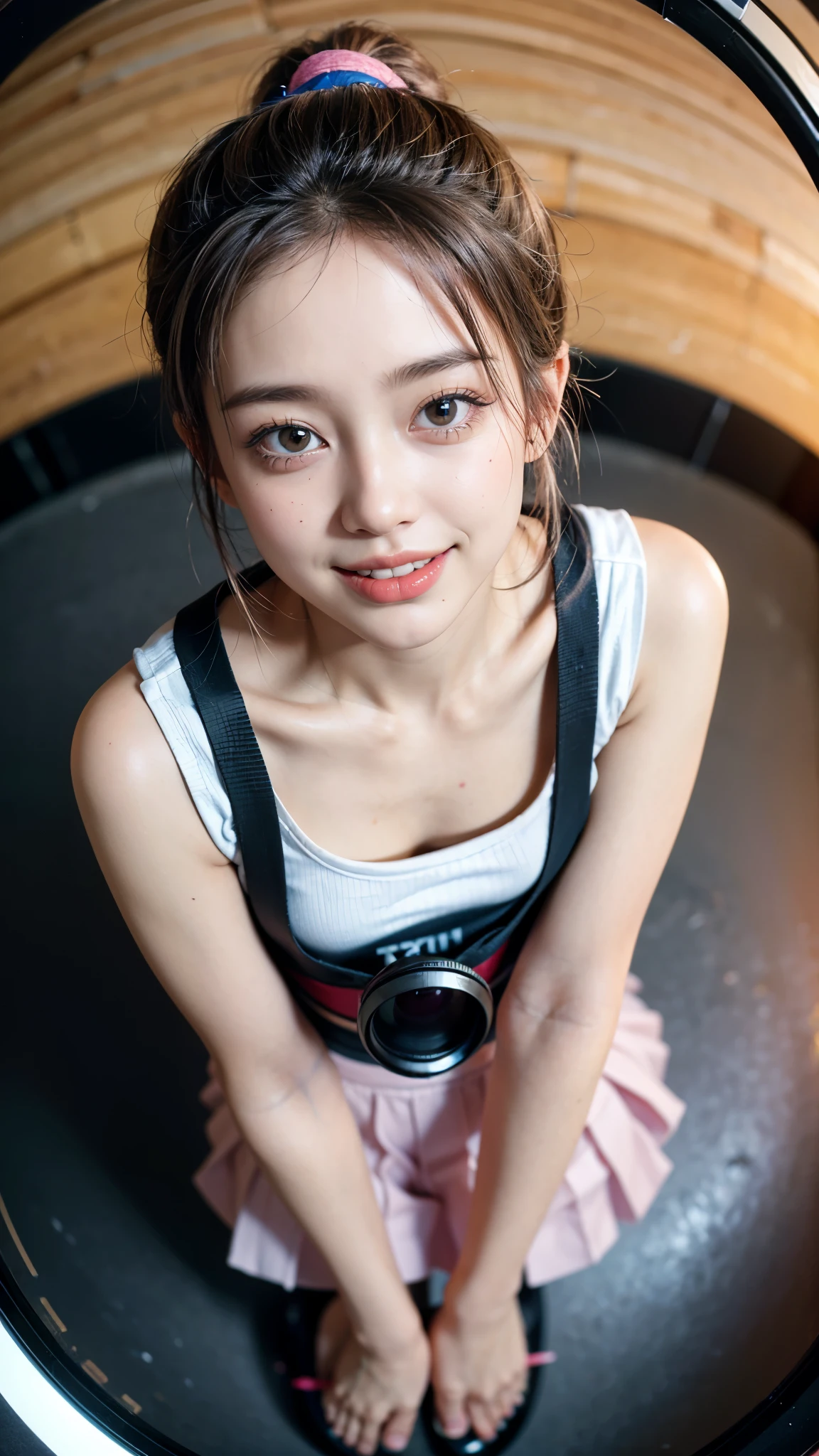 Highest quality, masterpiece, Ultra-high resolution,8k, (Realistic:1.6), (Make up Portrait:1.4) RAW Photos,((Platinum pink ponytail hairstyle)), ((loose socks)),Soft looking breasts,((Jet black blue mini skirt fashion)),((Up Facial)),((k-popアイドルメイク)),One Girl,(smile, Showing teeth)), 26 Talents,,((Looking up at the audience)),Face Focus:1.4,((Photographed from above with a fisheye lens:1.4)),