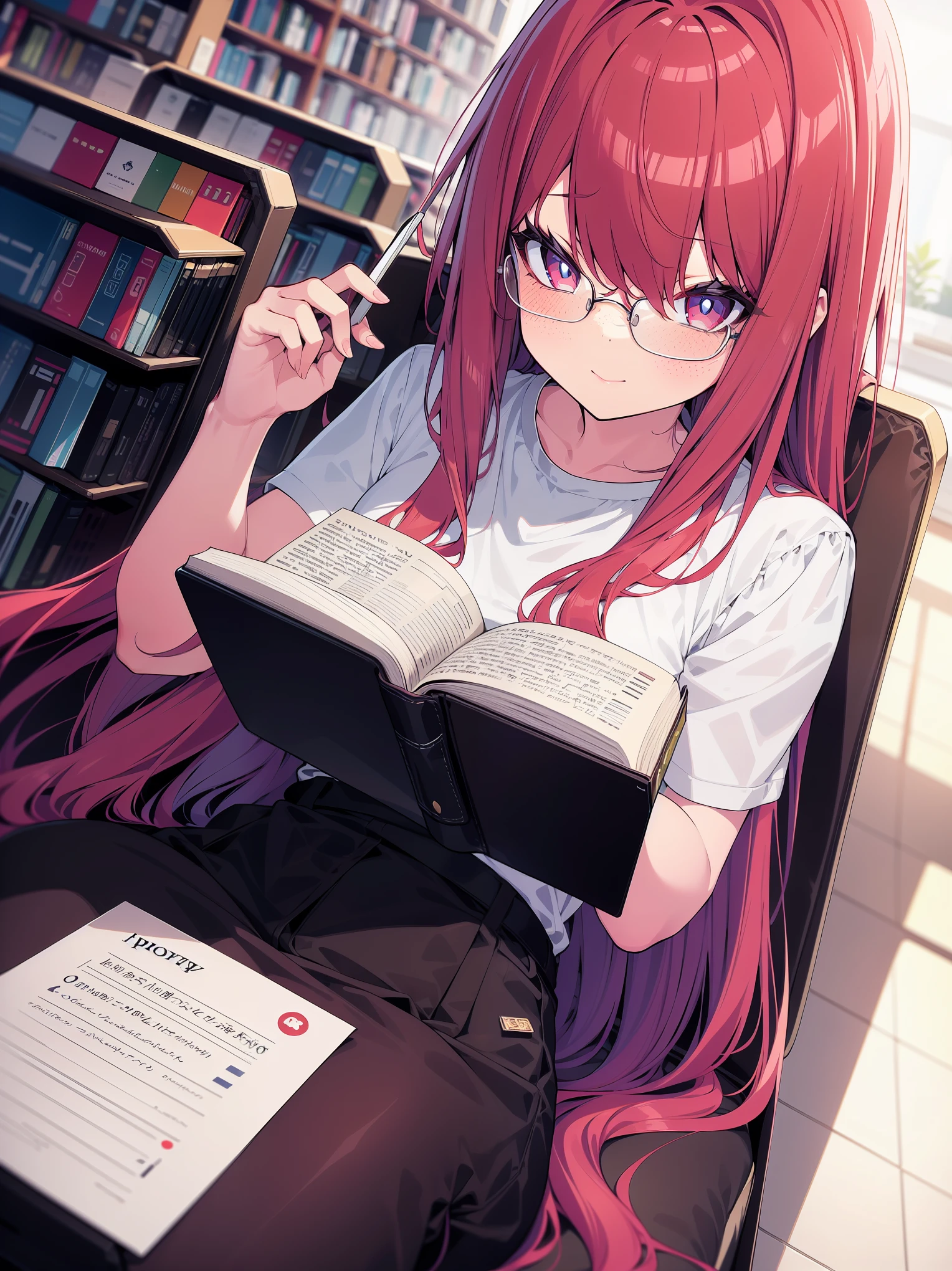 from above, colorful, (best quality, ultra-high resolution, depth of field:1.2), 1woman, long red hair, ponytail, hazel eyes, freckles, slender build, white dress, glasses, (library background), focused and serene, sitting, reading a book